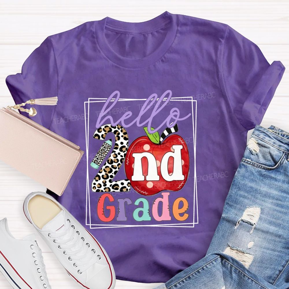 Personalized Grade Hello 2nd Grade Leopard-Print Numbers And Apples Teacher T-shirt