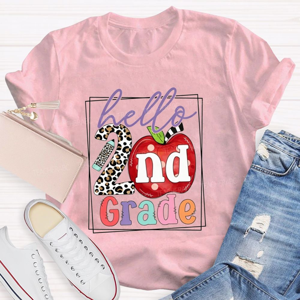 Personalized Grade Hello 2nd Grade Leopard-Print Numbers And Apples Teacher T-shirt