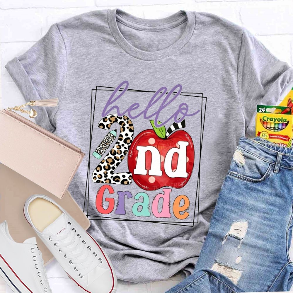 Personalized Grade Hello 2nd Grade Leopard-Print Numbers And Apples Teacher T-shirt