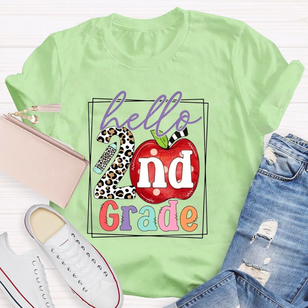 Personalized Grade Hello 2nd Grade Leopard-Print Numbers And Apples Teacher T-shirt