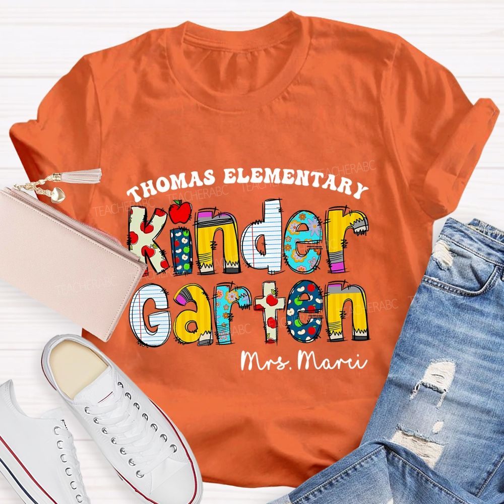 Personalized School Name And Teacher Name Of Kindergarten Apple Teacher T-Shirt