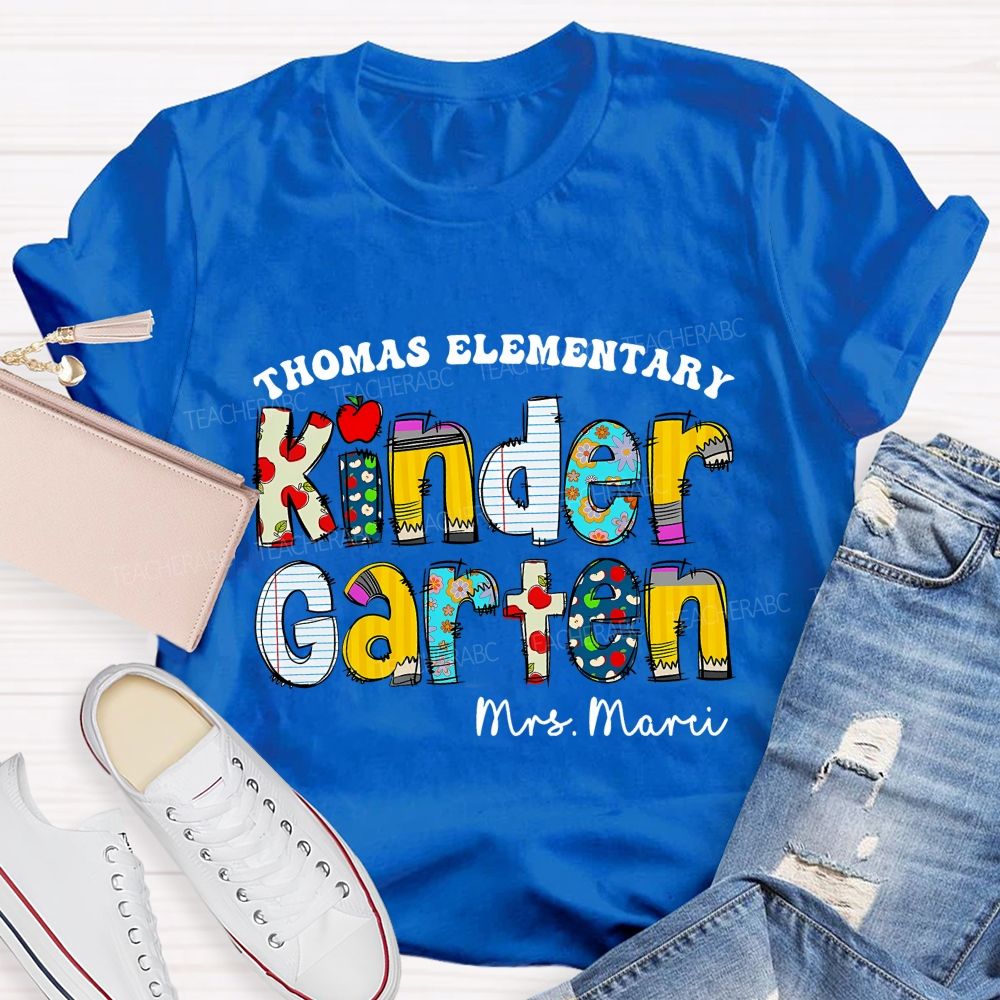 Personalized School Name And Teacher Name Of Kindergarten Apple Teacher T-Shirt