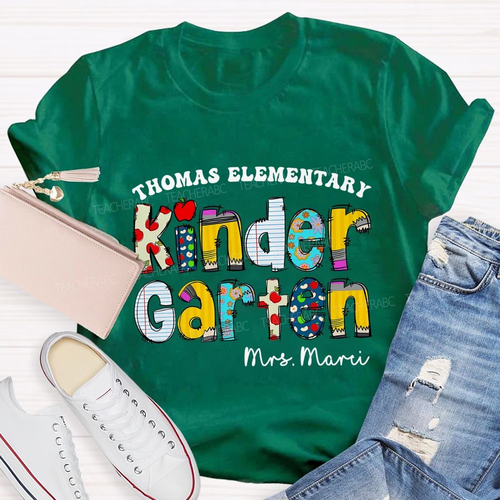 Personalized School Name And Teacher Name Of Kindergarten Apple Teacher T-Shirt
