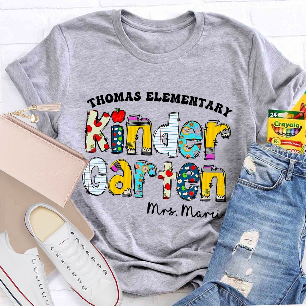 Personalized School Name And Teacher Name Of Kindergarten Apple Teacher T-Shirt