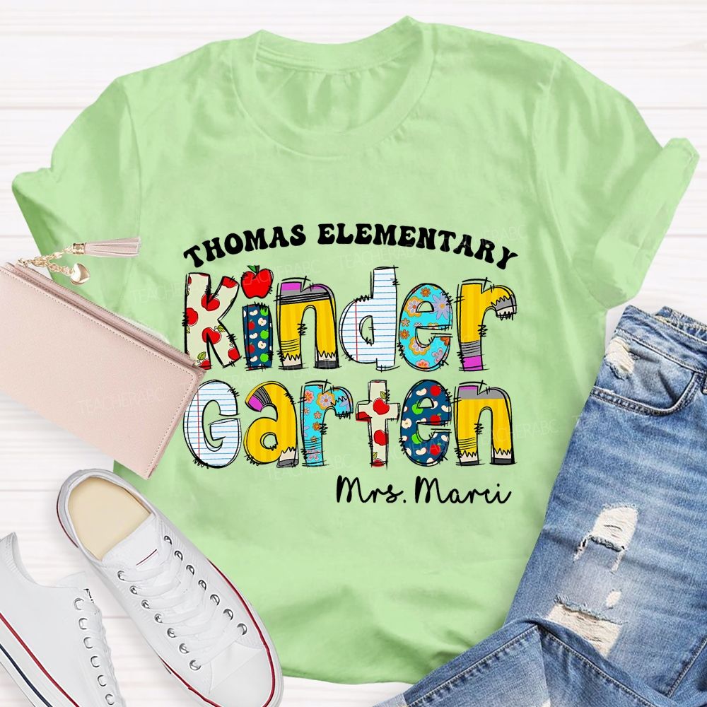 Personalized School Name And Teacher Name Of Kindergarten Apple Teacher T-Shirt