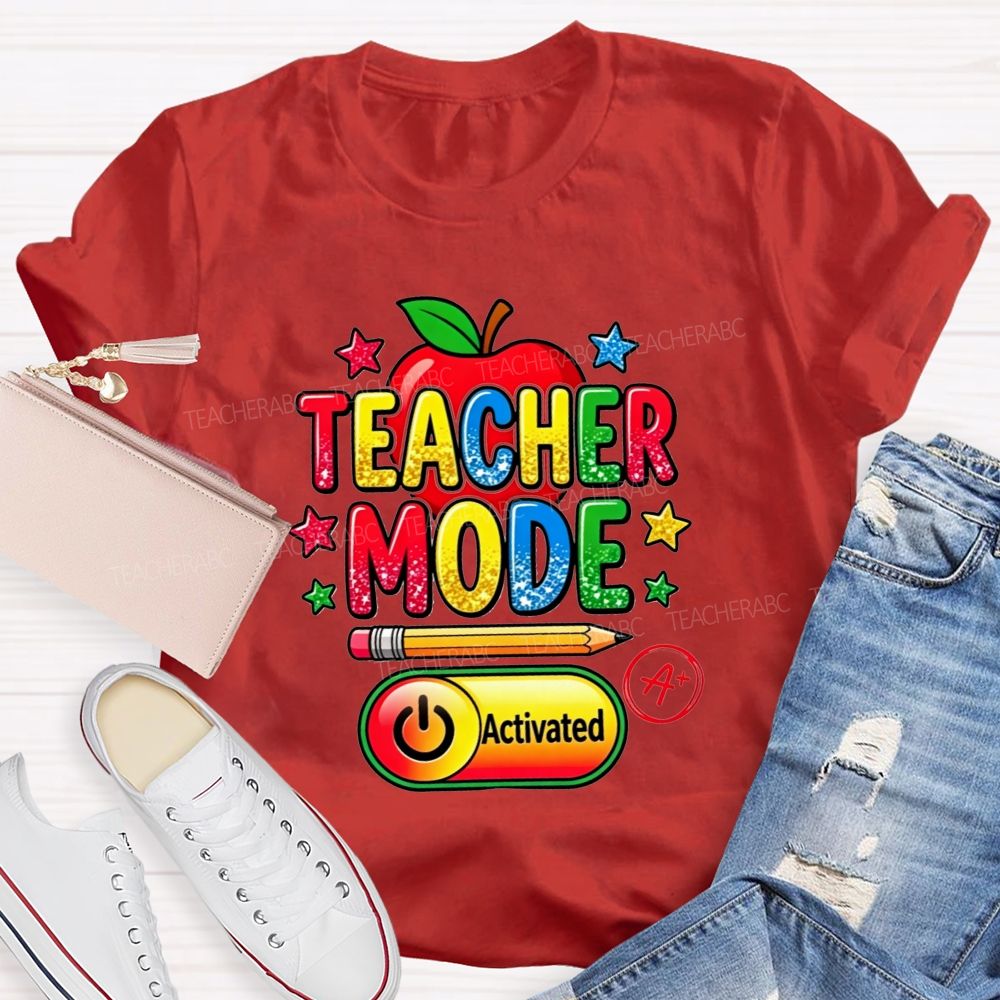 Teacher Mode Activated Glitter Rainbow Apple Pencil Star Teacher T-shirt
