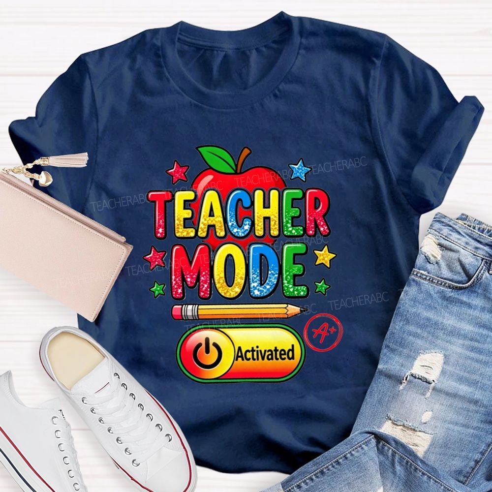 Teacher Mode Activated Glitter Rainbow Apple Pencil Star Teacher T-shirt