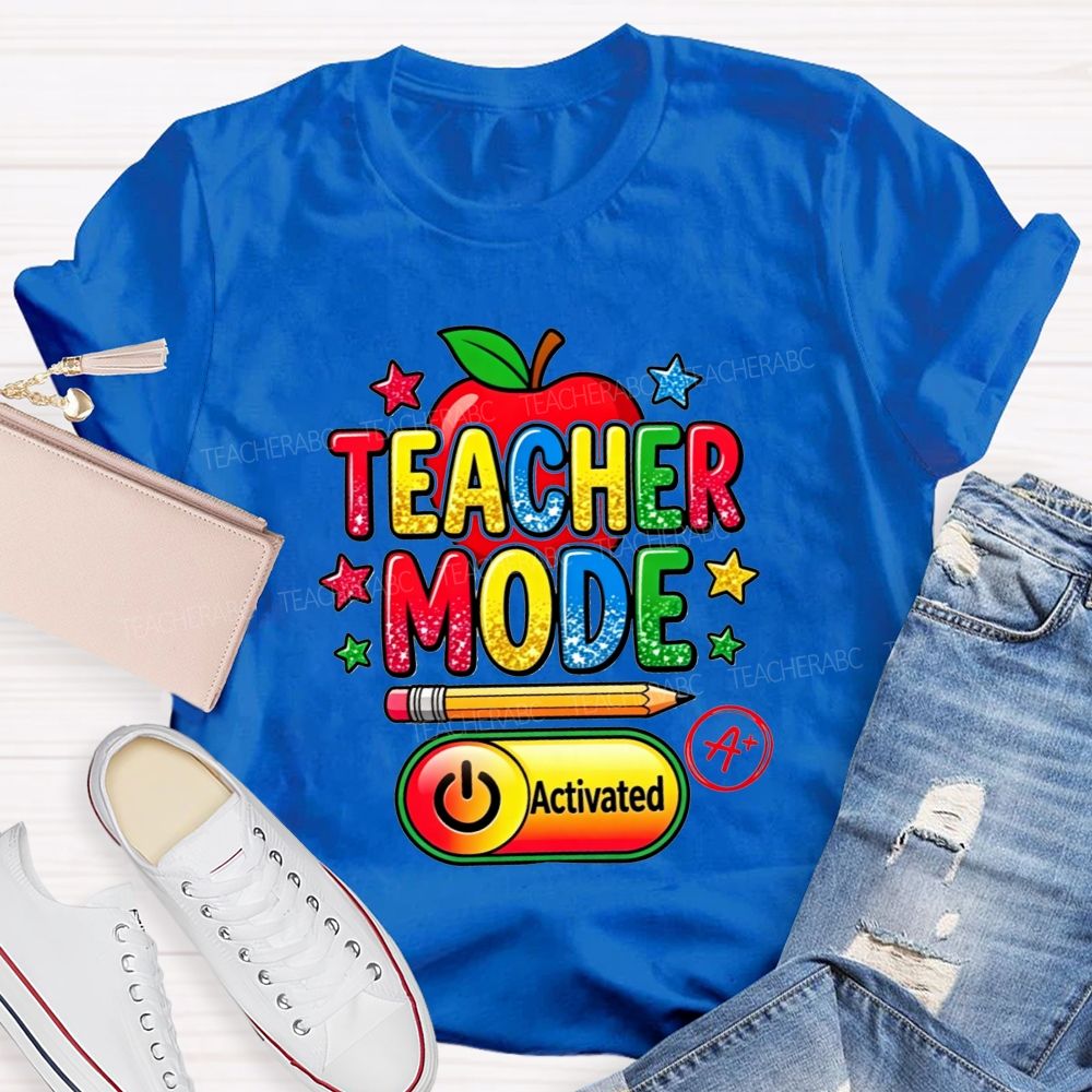 Teacher Mode Activated Glitter Rainbow Apple Pencil Star Teacher T-shirt