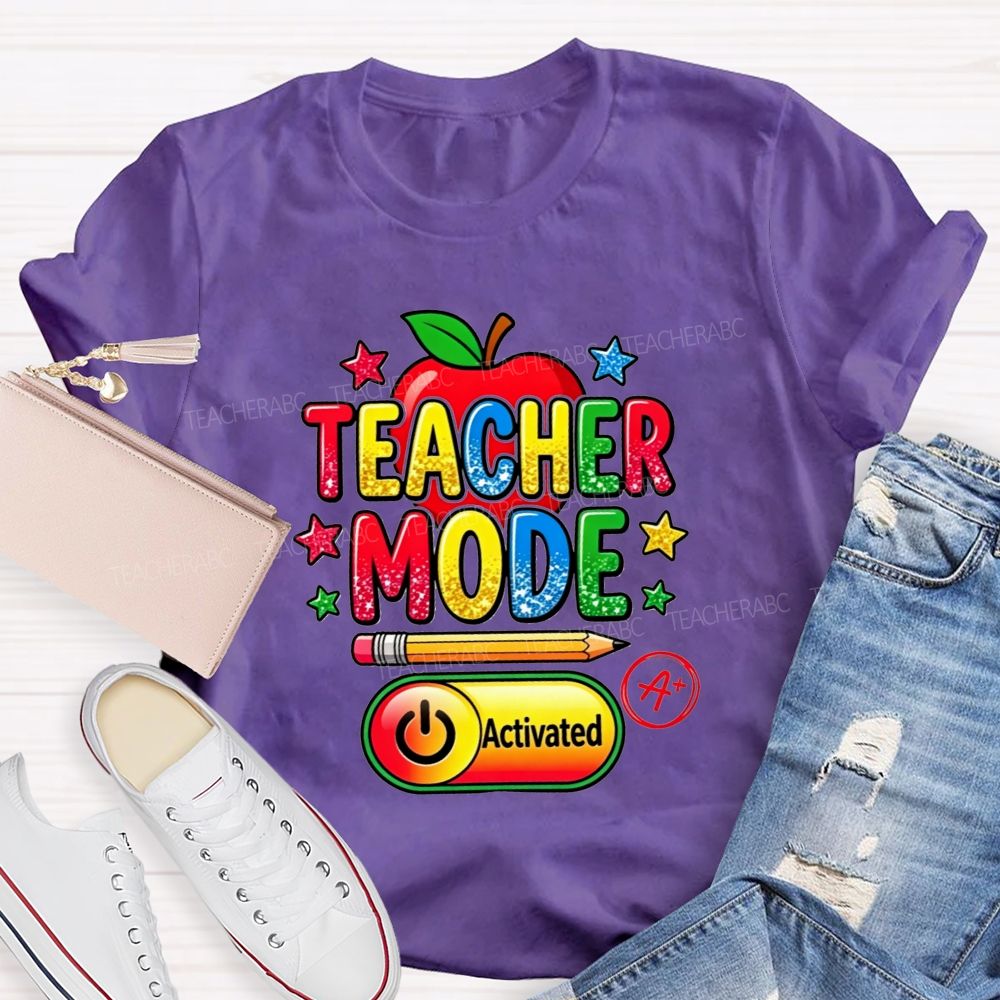 Teacher Mode Activated Glitter Rainbow Apple Pencil Star Teacher T-shirt