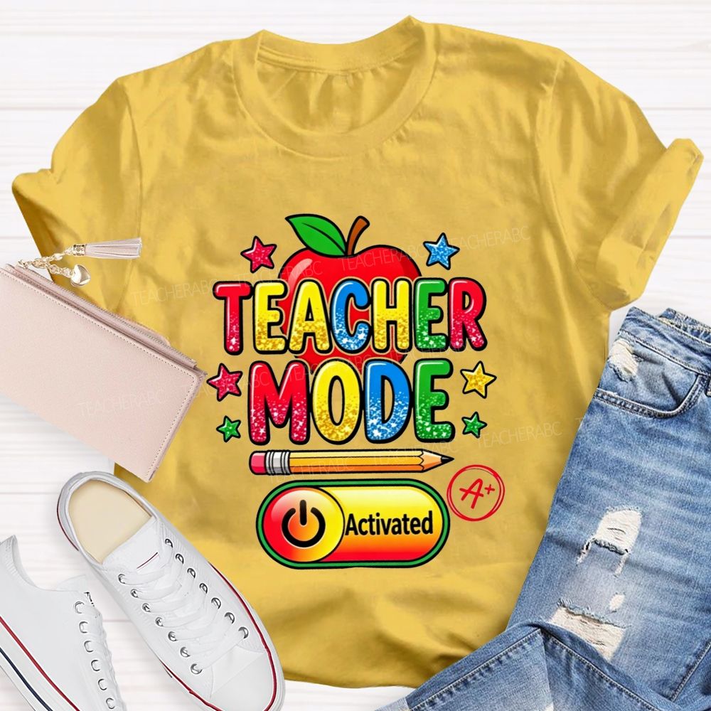 Teacher Mode Activated Glitter Rainbow Apple Pencil Star Teacher T-shirt