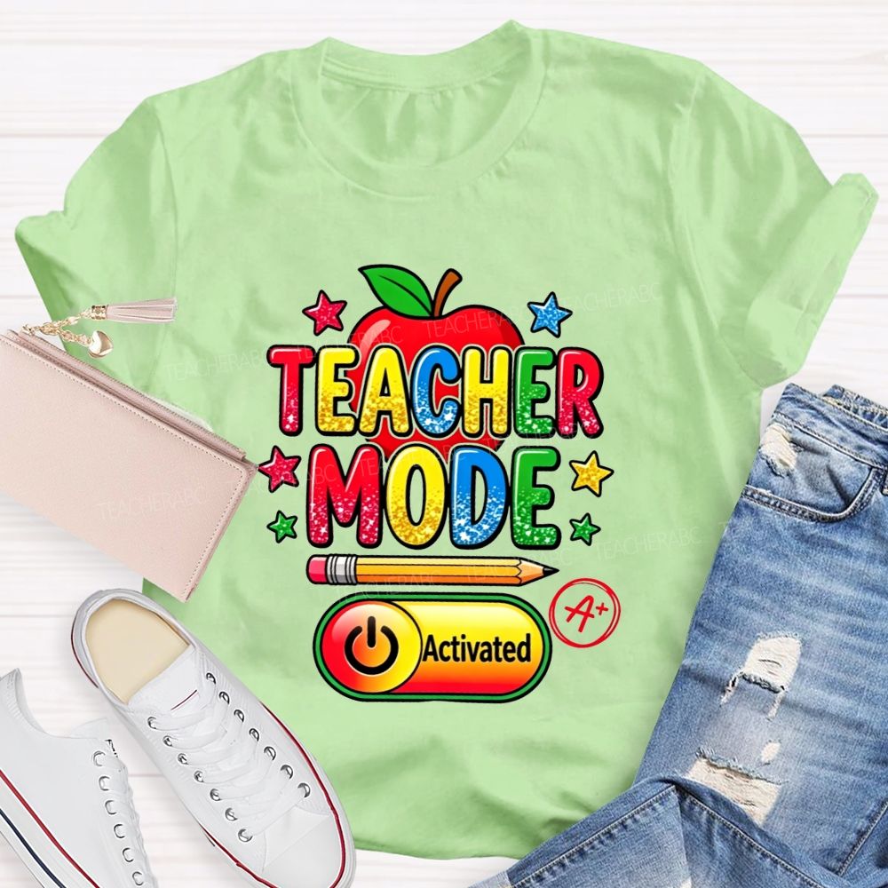 Teacher Mode Activated Glitter Rainbow Apple Pencil Star Teacher T-shirt