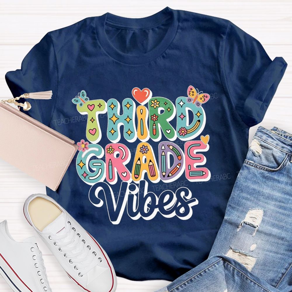 Personalized Grade Third Grade Vibes Bubble Letter Butterfly Flower Pencil Teacher T-shirt
