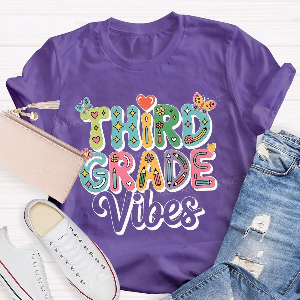 Personalized Grade Third Grade Vibes Bubble Letter Butterfly Flower Pencil Teacher T-shirt