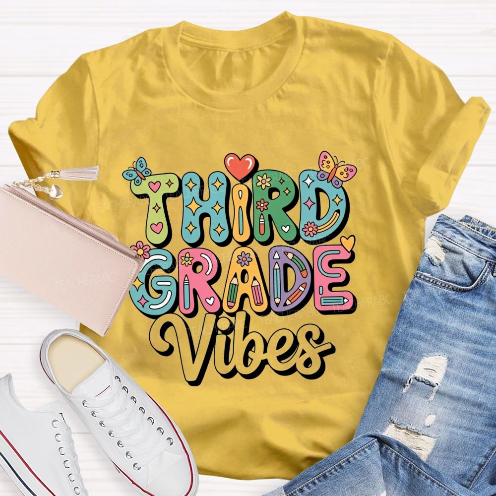 Personalized Grade Third Grade Vibes Bubble Letter Butterfly Flower Pencil Teacher T-shirt