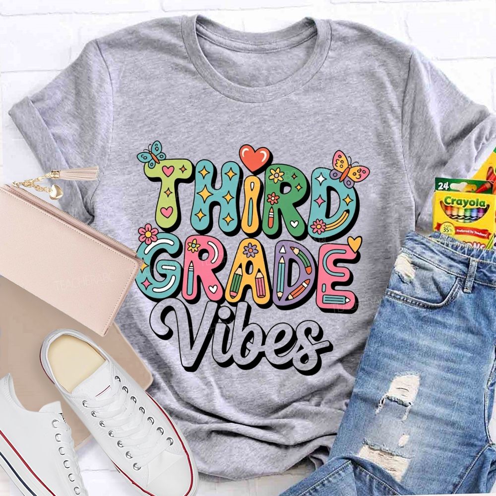 Personalized Grade Third Grade Vibes Bubble Letter Butterfly Flower Pencil Teacher T-shirt