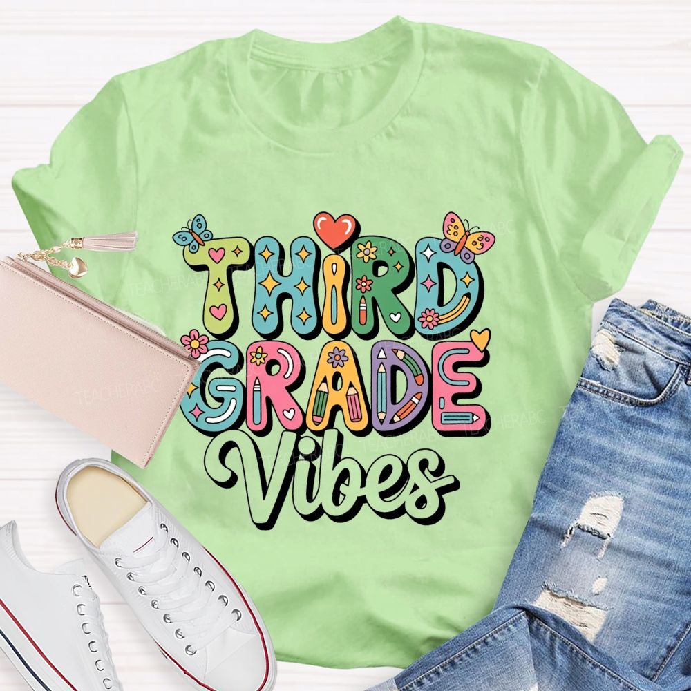 Personalized Grade Third Grade Vibes Bubble Letter Butterfly Flower Pencil Teacher T-shirt