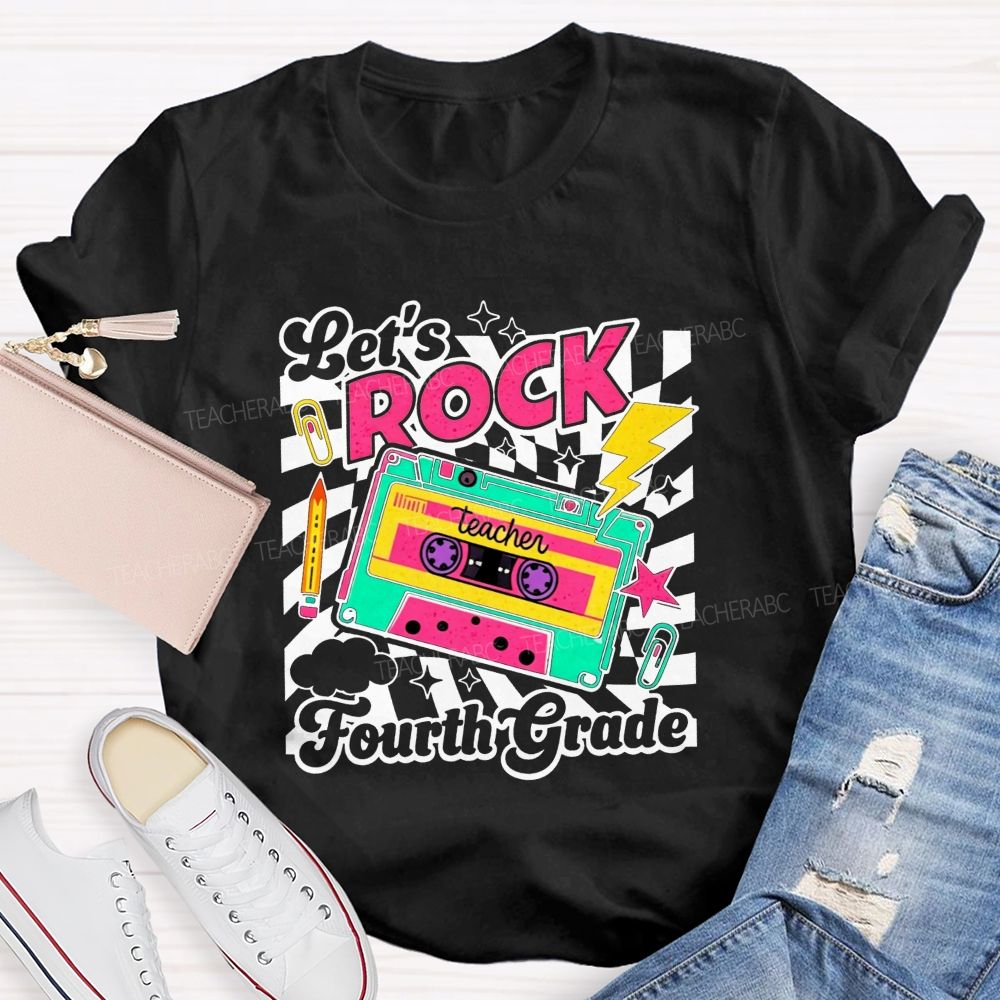 Personalized Grade Let’S Rock Fourth Grade Colorful Pencil Paperclip Print Teacher T-shirt