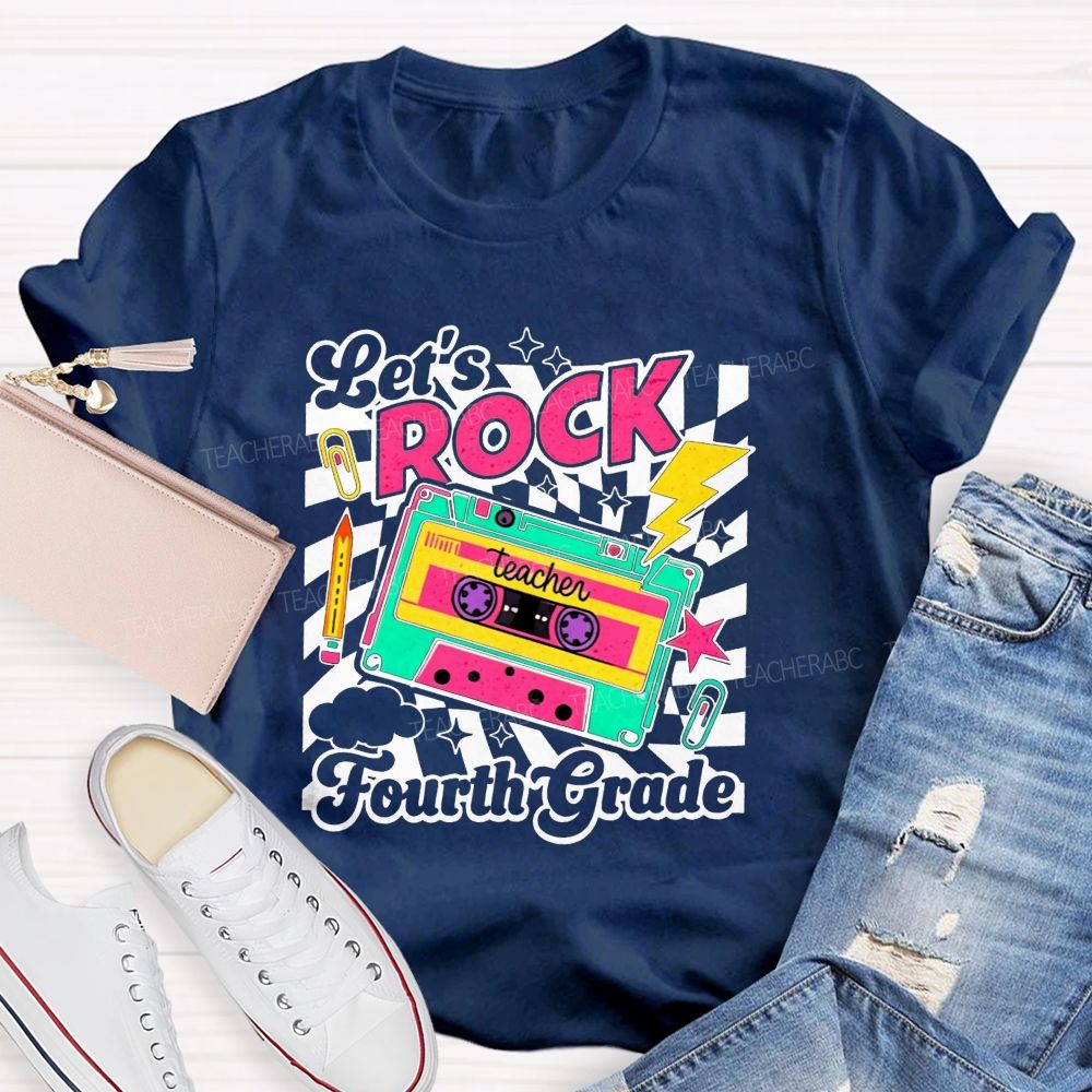 Personalized Grade Let’S Rock Fourth Grade Colorful Pencil Paperclip Print Teacher T-shirt