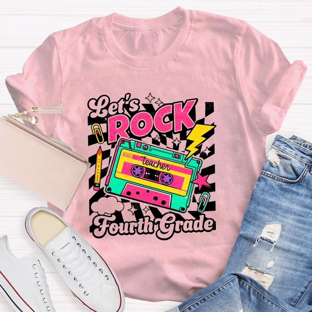 Personalized Grade Let’S Rock Fourth Grade Colorful Pencil Paperclip Print Teacher T-shirt