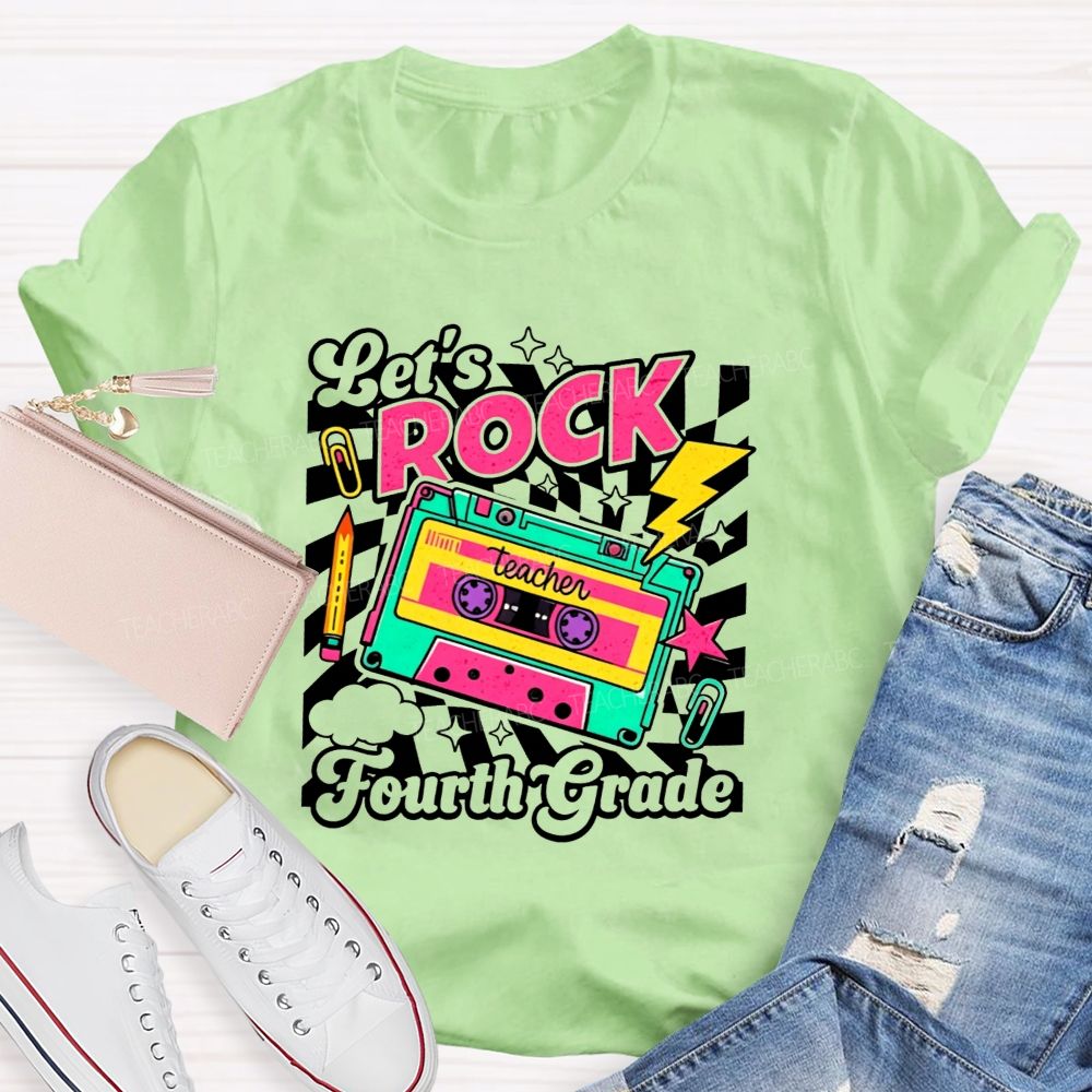 Personalized Grade Let’S Rock Fourth Grade Colorful Pencil Paperclip Print Teacher T-shirt