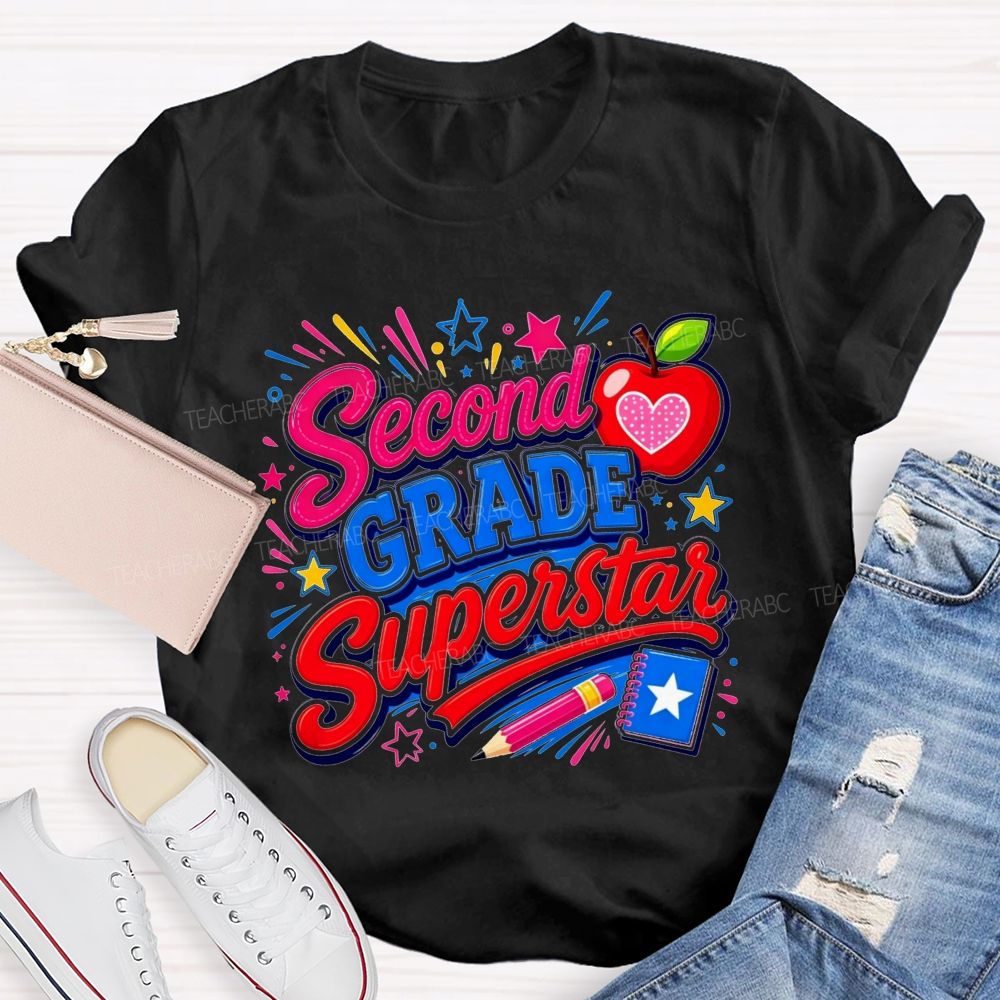 Personalized Grade Second Grade Superstar Apple Pencil Star Notebook Teacher T-shirt