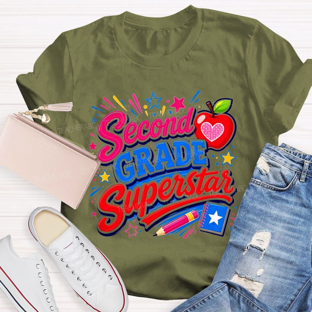 Personalized Grade Second Grade Superstar Apple Pencil Star Notebook Teacher T-shirt
