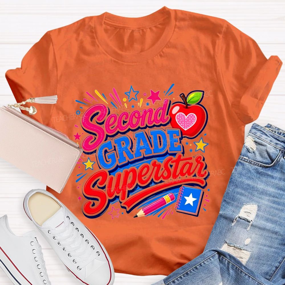 Personalized Grade Second Grade Superstar Apple Pencil Star Notebook Teacher T-shirt