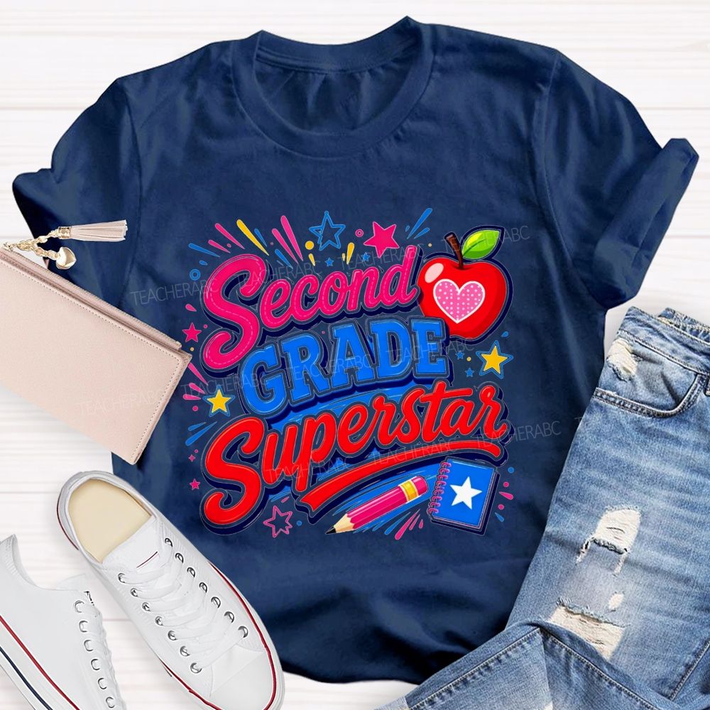 Personalized Grade Second Grade Superstar Apple Pencil Star Notebook Teacher T-shirt
