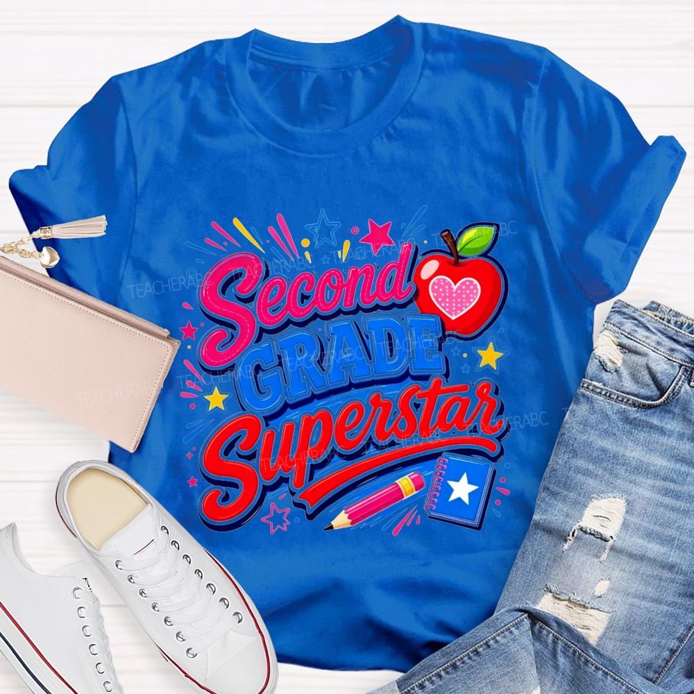 Personalized Grade Second Grade Superstar Apple Pencil Star Notebook Teacher T-shirt