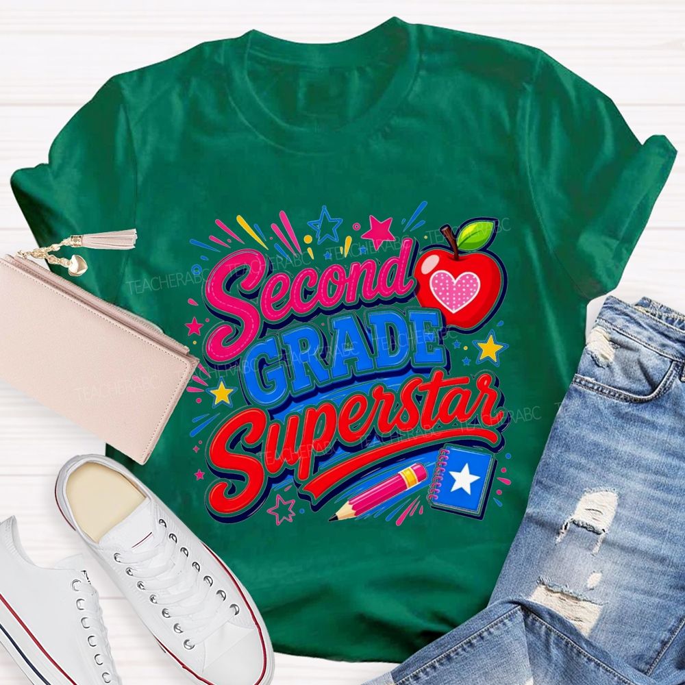 Personalized Grade Second Grade Superstar Apple Pencil Star Notebook Teacher T-shirt
