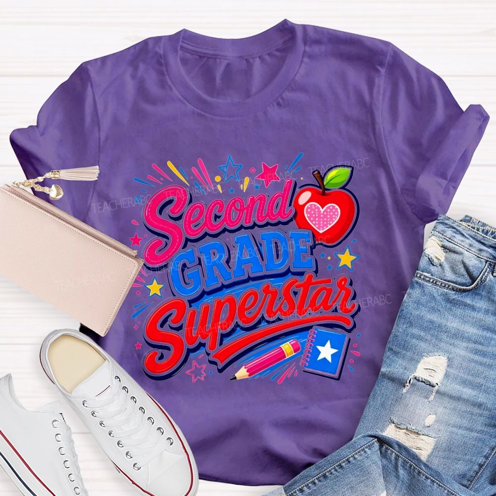 Personalized Grade Second Grade Superstar Apple Pencil Star Notebook Teacher T-shirt