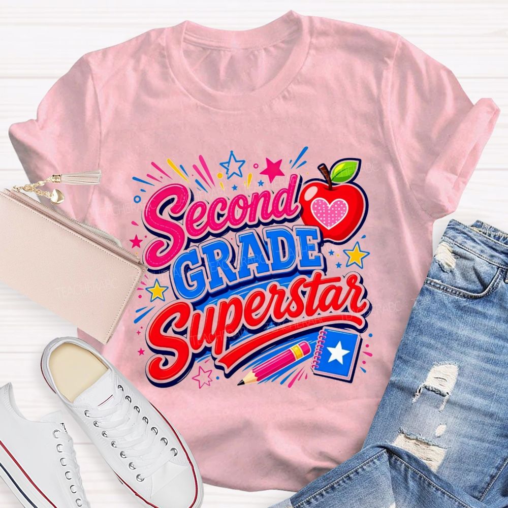 Personalized Grade Second Grade Superstar Apple Pencil Star Notebook Teacher T-shirt