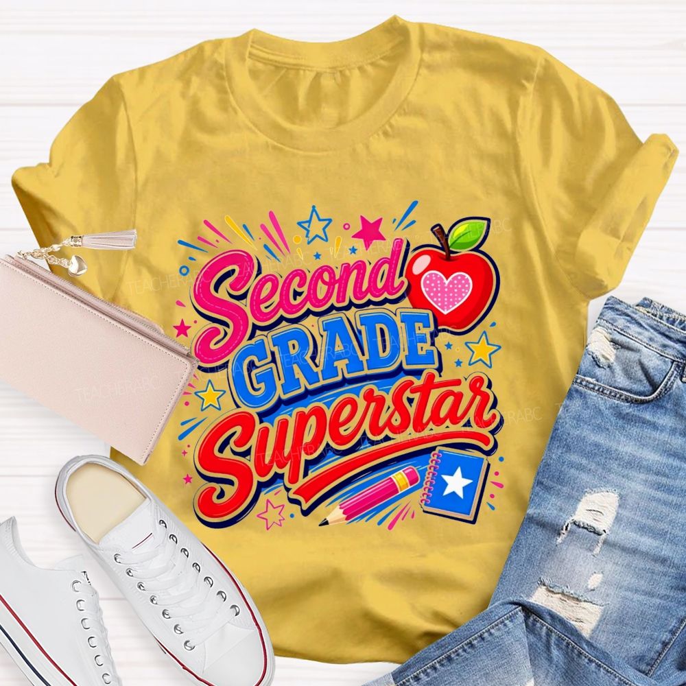 Personalized Grade Second Grade Superstar Apple Pencil Star Notebook Teacher T-shirt