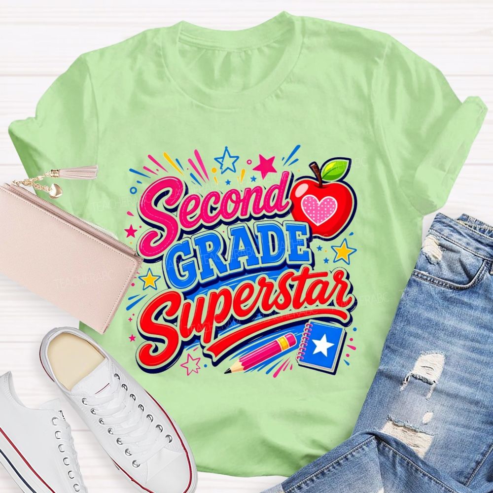 Personalized Grade Second Grade Superstar Apple Pencil Star Notebook Teacher T-shirt