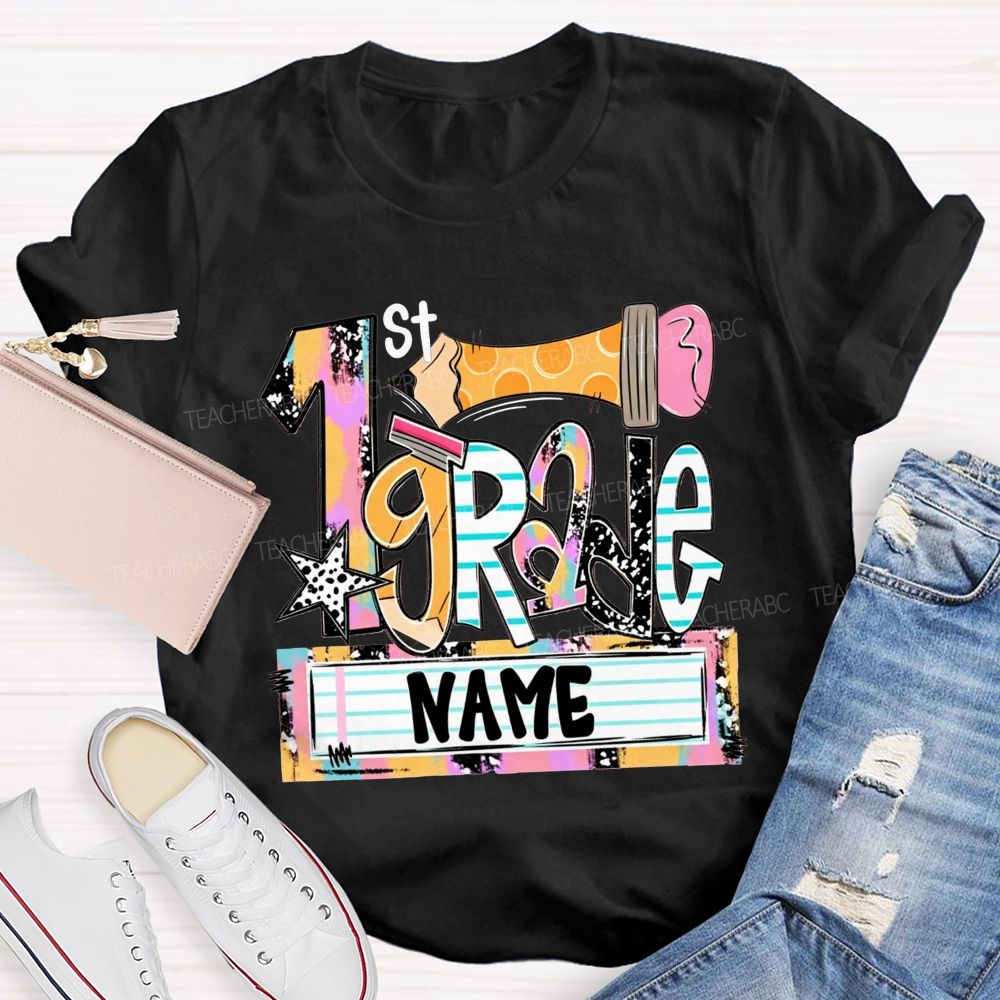 Personalized Name And Grade Multicolor Patchwork Letter Leopard Star Pencil Print Teacher T-shirt