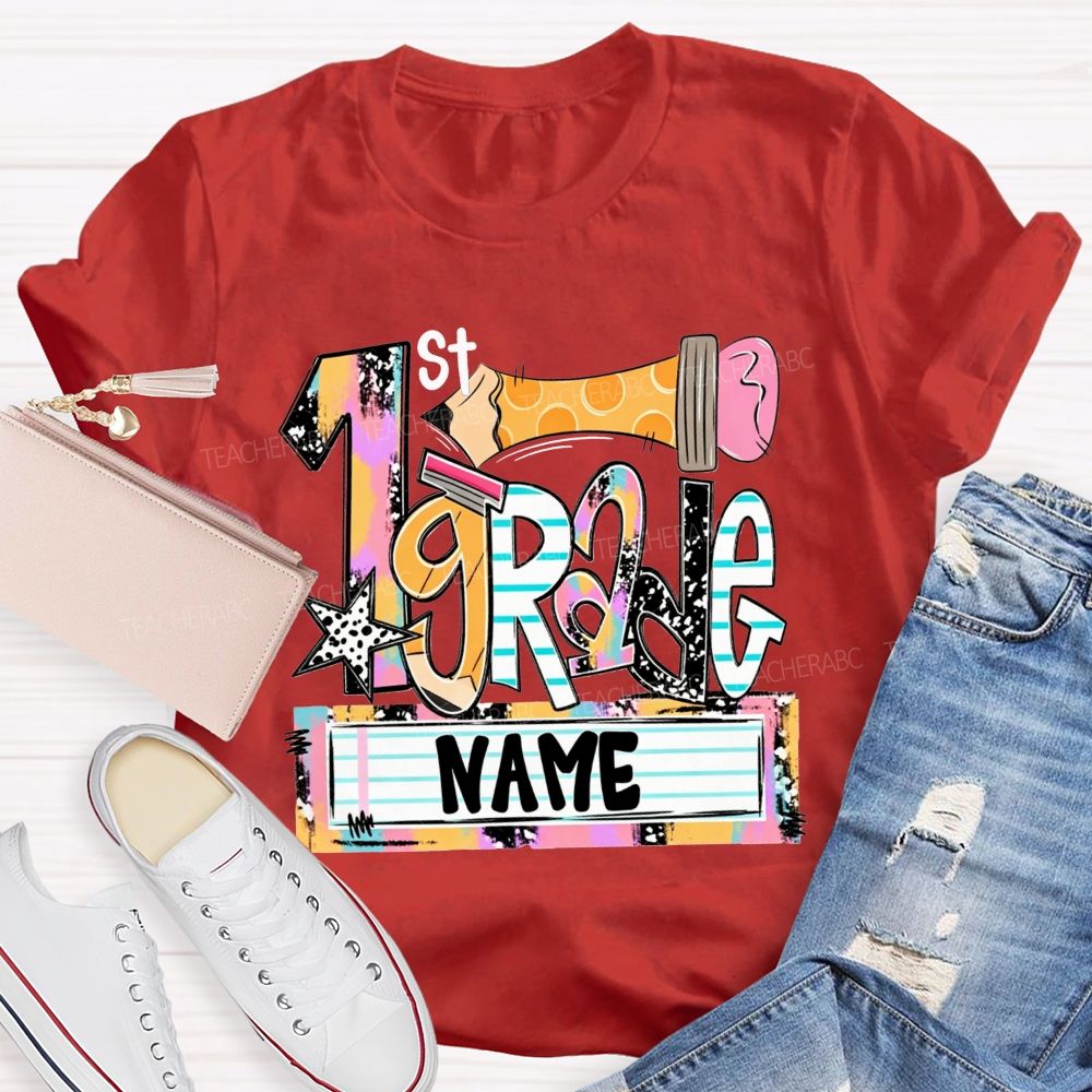 Personalized Name And Grade Multicolor Patchwork Letter Leopard Star Pencil Print Teacher T-shirt
