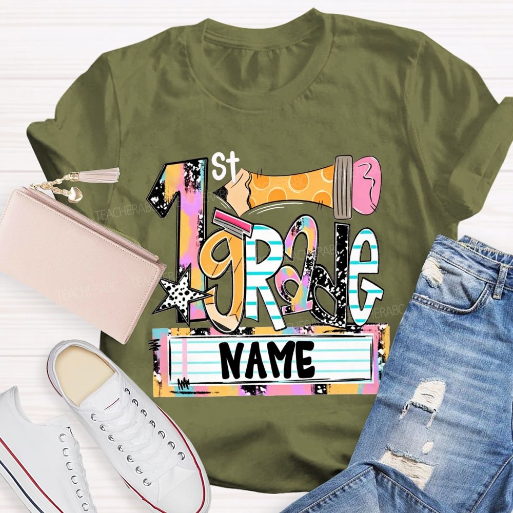 Personalized Name And Grade Multicolor Patchwork Letter Leopard Star Pencil Print Teacher T-shirt