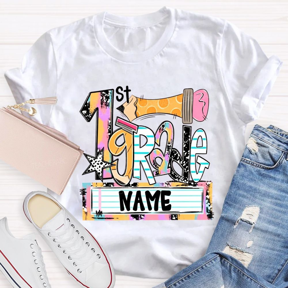 Personalized Name And Grade Multicolor Patchwork Letter Leopard Star Pencil Print Teacher T-shirt
