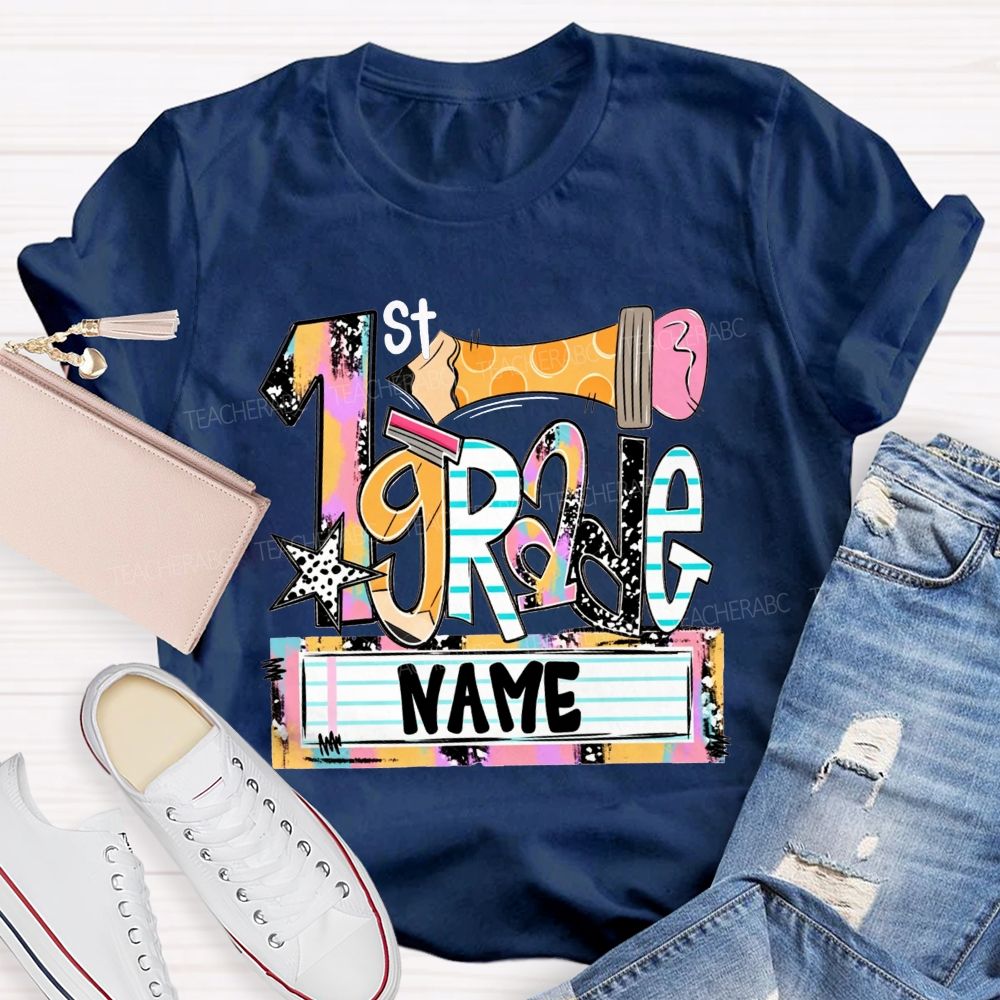 Personalized Name And Grade Multicolor Patchwork Letter Leopard Star Pencil Print Teacher T-shirt