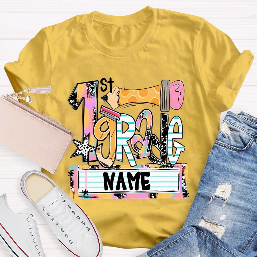 Personalized Name And Grade Multicolor Patchwork Letter Leopard Star Pencil Print Teacher T-shirt