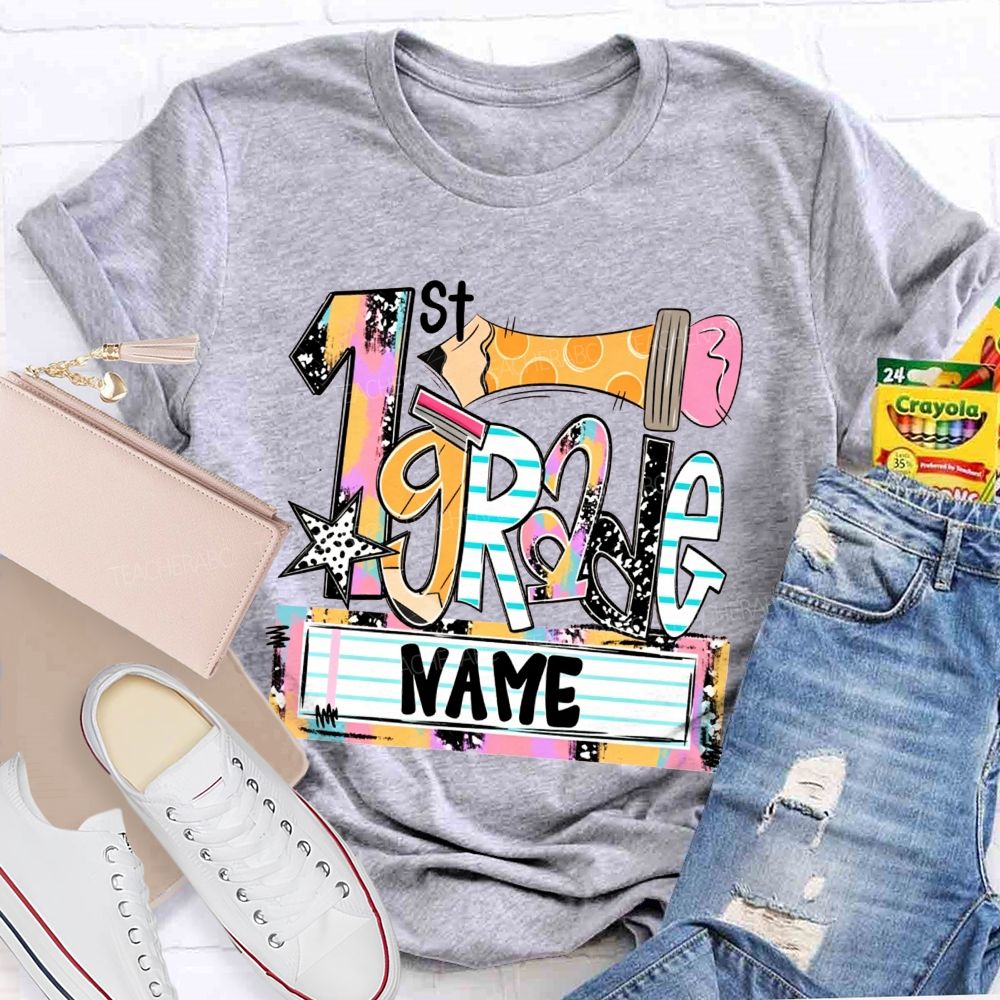 Personalized Name And Grade Multicolor Patchwork Letter Leopard Star Pencil Print Teacher T-shirt