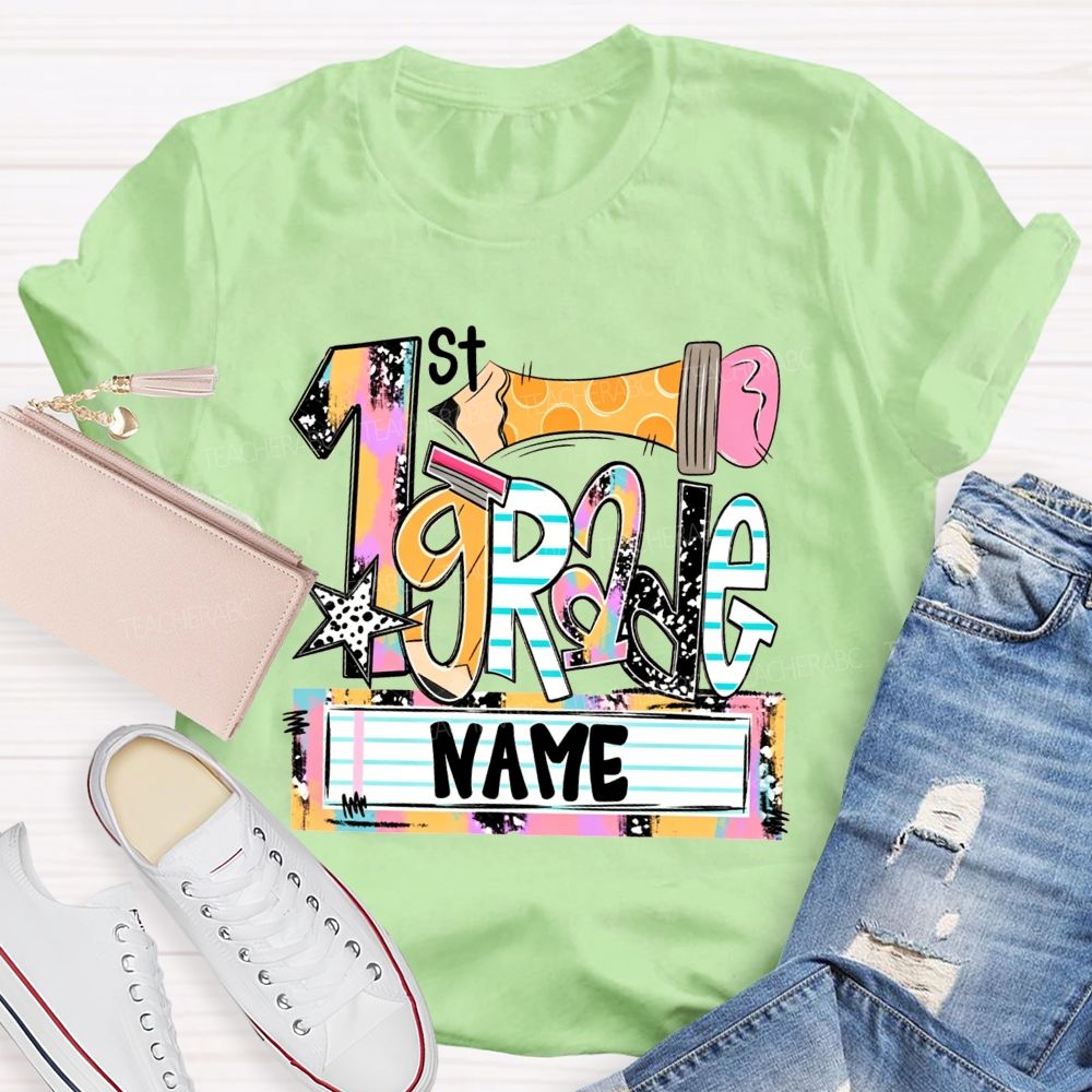 Personalized Name And Grade Multicolor Patchwork Letter Leopard Star Pencil Print Teacher T-shirt
