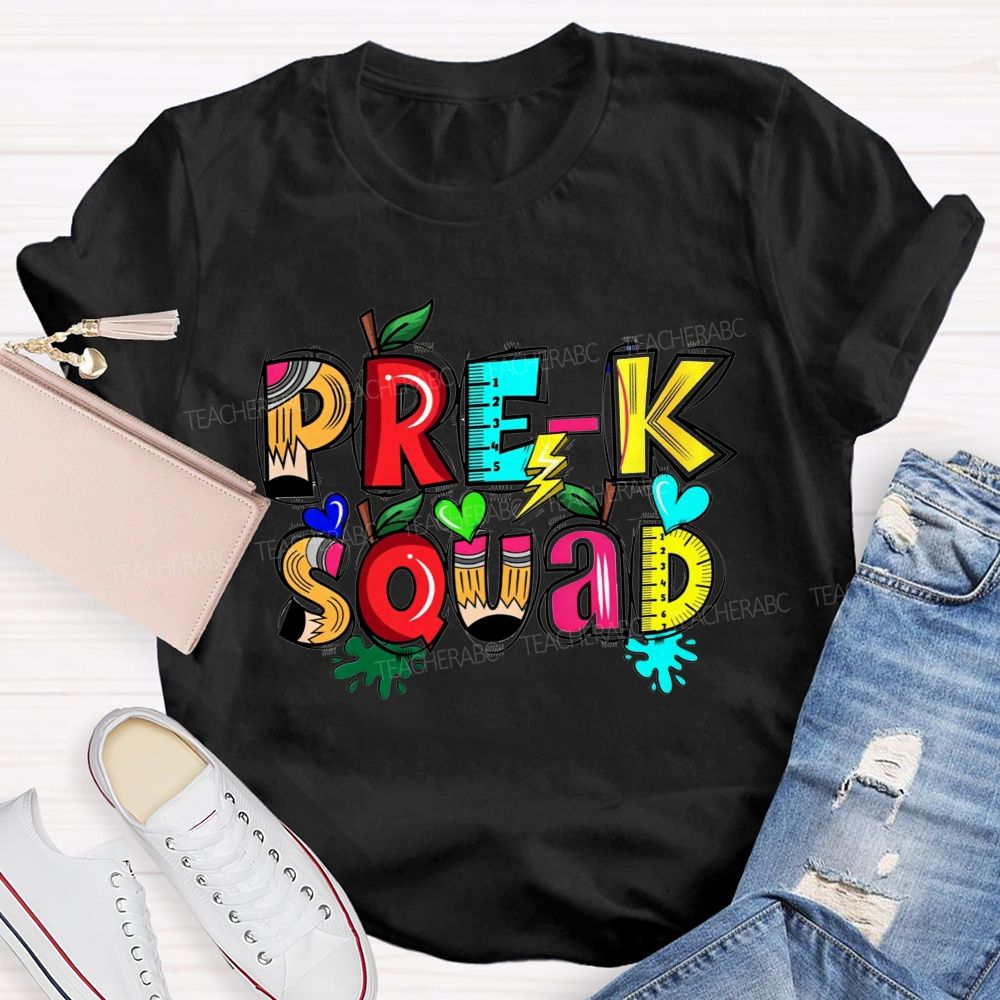 Personalized Grade Pre-K Squad Colorful Pencil Apple Ruler Teacher T-shirt