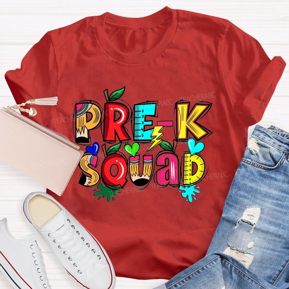 Personalized Grade Pre-K Squad Colorful Pencil Apple Ruler Teacher T-shirt