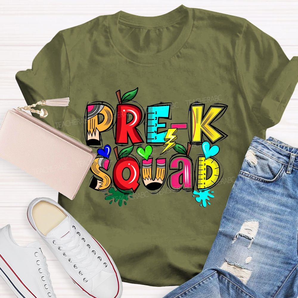 Personalized Grade Pre-K Squad Colorful Pencil Apple Ruler Teacher T-shirt