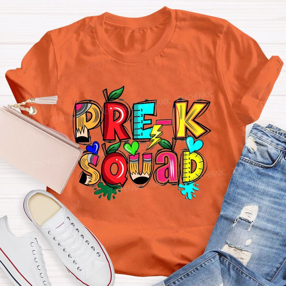 Personalized Grade Pre-K Squad Colorful Pencil Apple Ruler Teacher T-shirt