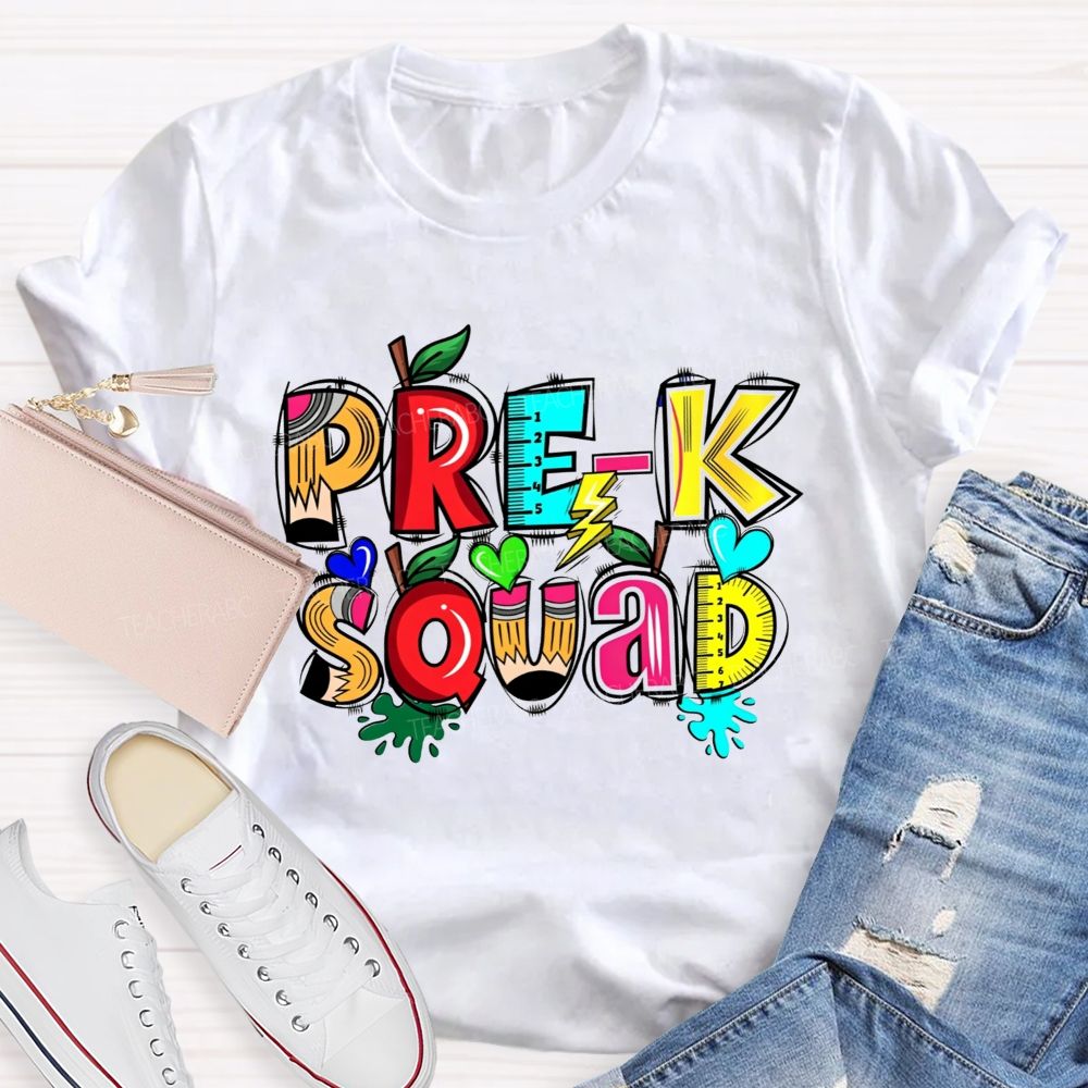 Personalized Grade Pre-K Squad Colorful Pencil Apple Ruler Teacher T-shirt