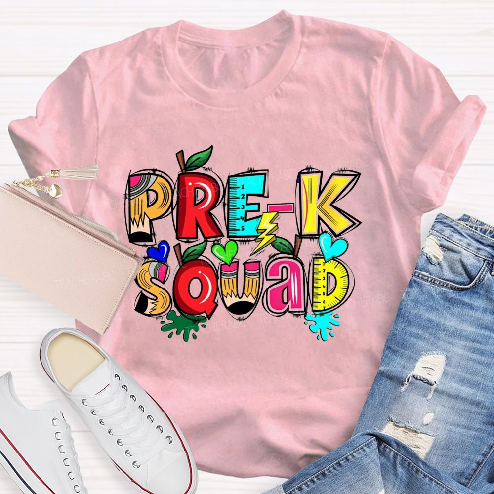 Personalized Grade Pre-K Squad Colorful Pencil Apple Ruler Teacher T-shirt