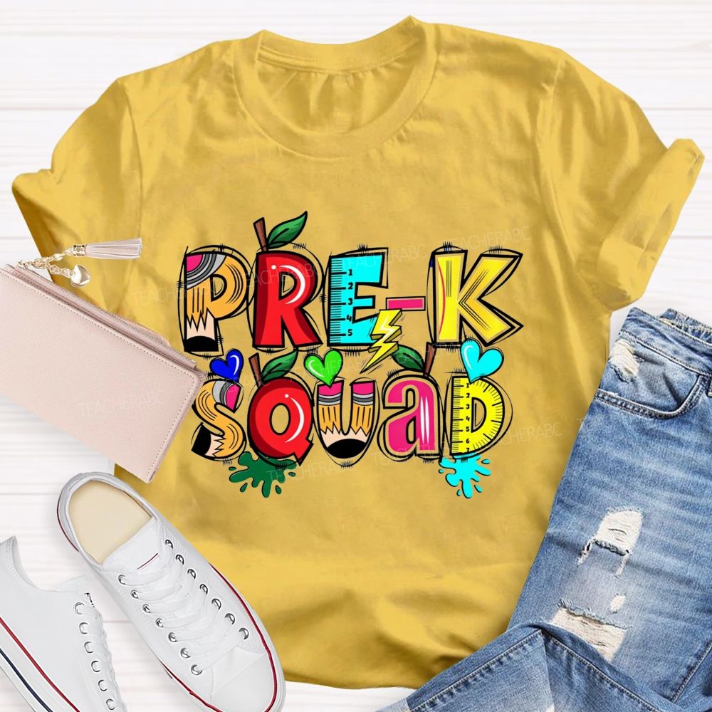 Personalized Grade Pre-K Squad Colorful Pencil Apple Ruler Teacher T-shirt