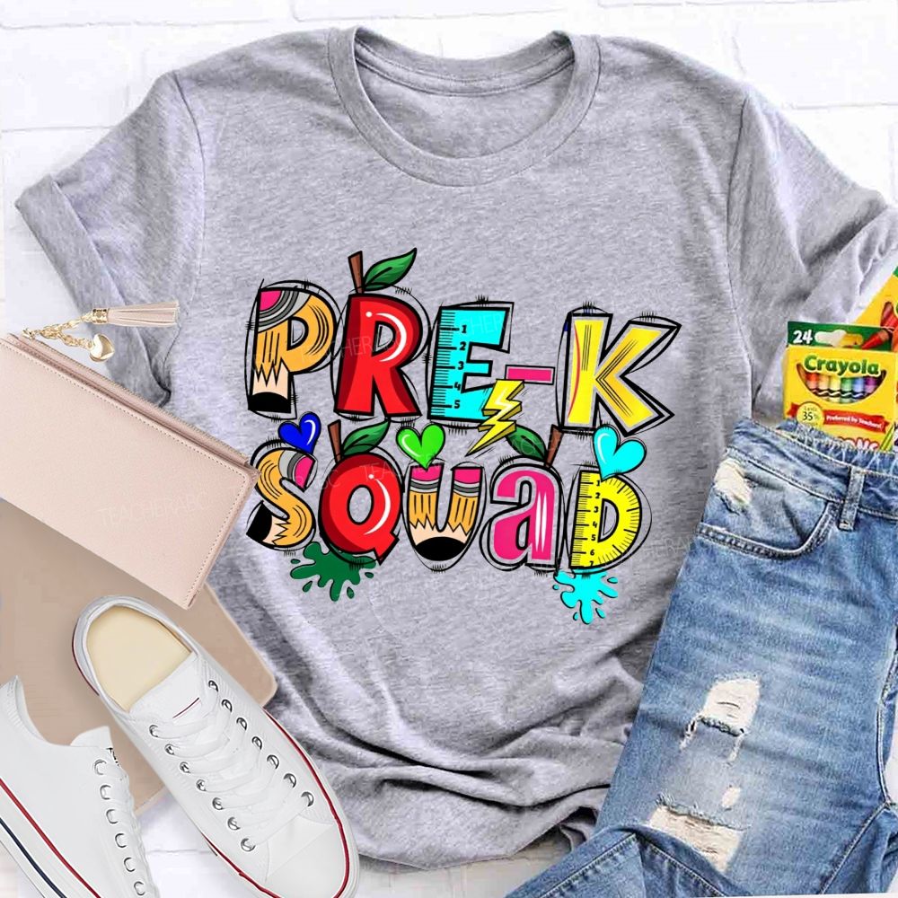 Personalized Grade Pre-K Squad Colorful Pencil Apple Ruler Teacher T-shirt
